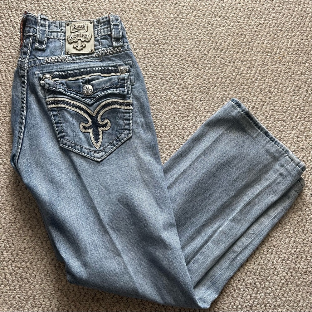 Rock Revival Blue Denim Jeans with Orange Accents - Size 34